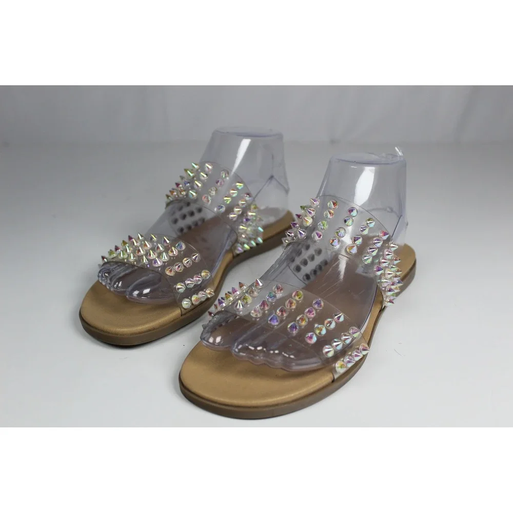 Steve Madden Iridescent Studded Clear Strap Sandals with Tan Footbed
